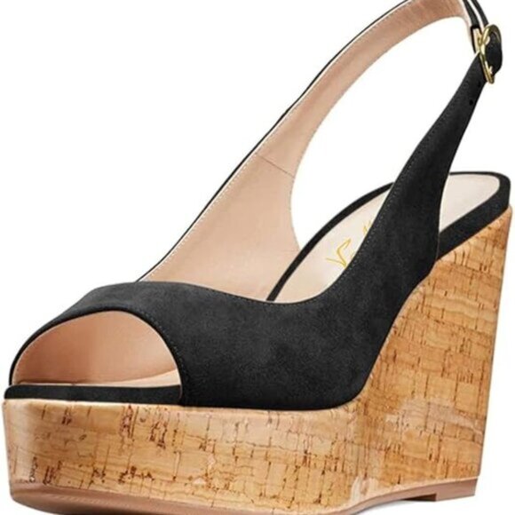 Size 9.5 Black Suede Women Peep Toe Slingback Platform Wedge Sandals High Heel - Picture 13 of 13